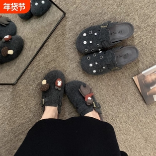 复古铆钉水钻灰色厚底增高勃肯鞋女2025秋季新款包头懒人半拖鞋