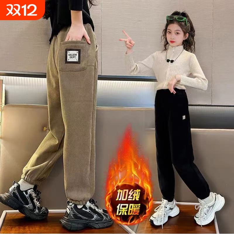 女童加绒裤子冬季新款中大童加厚灯芯绒休闲长裤儿童一条过冬棉裤
