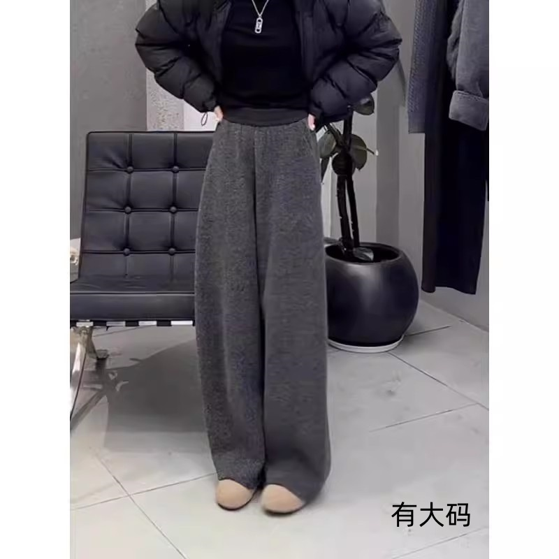 欧货高级宽松毛呢裤女秋冬大码胖MM加绒加厚松紧腰弯刀休闲阔腿裤