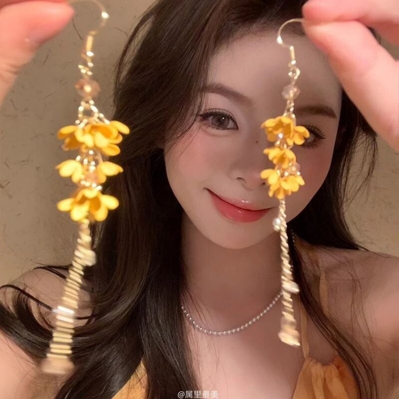 来當仙女气质黄色花朵流苏耳环女长款耳坠耳挂蚊香盘耳夹桂花图片