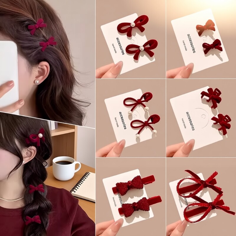 新年红色植绒蝴蝶结发夹女鸭嘴夹秋冬前额侧边碎发刘海夹头饰高级