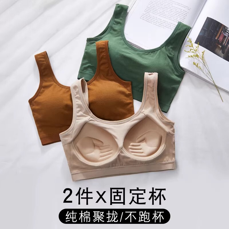 学生发育期文胸防下垂运动聚拢美背无钢圈纯棉抹胸固定背心式白色