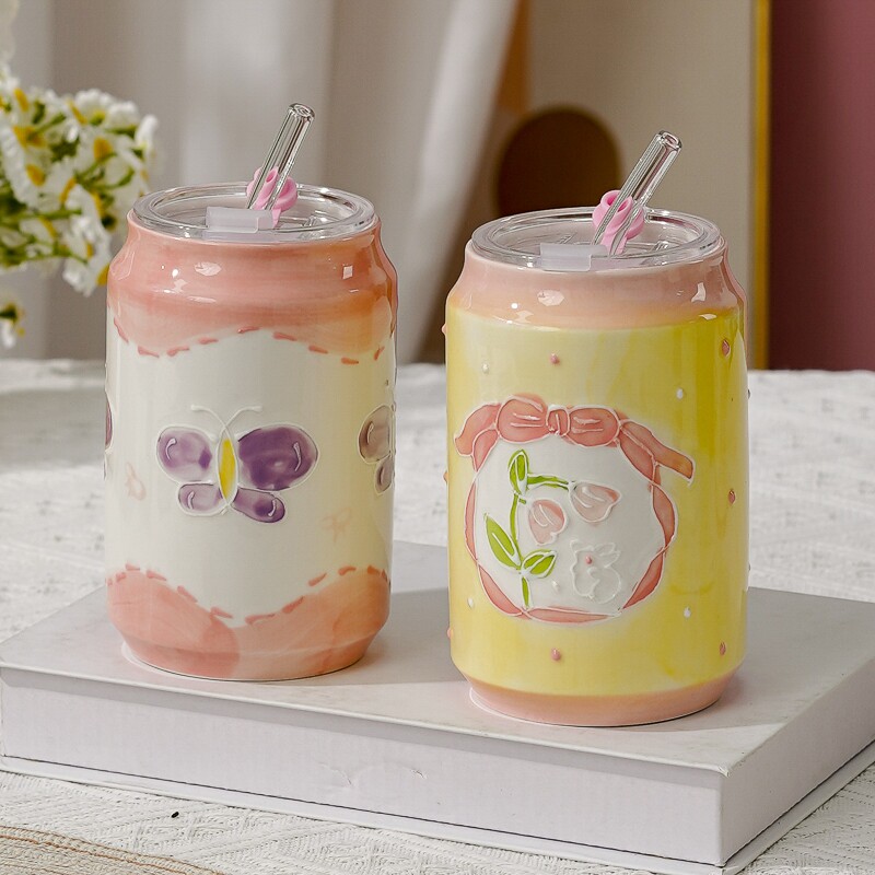 陶瓷仿易拉罐可乐杯釉下彩办公室带吸管随手杯牛奶杯高颜值大容量