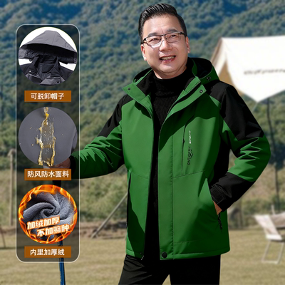 秋冬季加绒外套装冲锋衣男款爸爸中年男士三防夹克老年人上衣防风