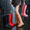 外穿防水户外雨林徒步水靴 女雨靴加绒加厚底成人时尚 高筒雨鞋 水鞋