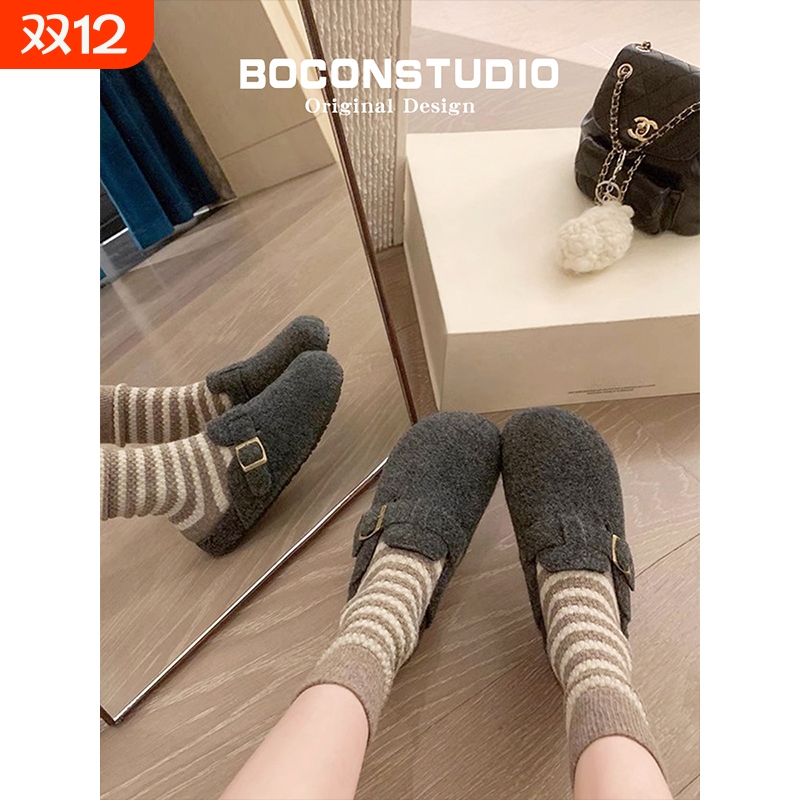 毛毡勃肯鞋加绒女秋冬毛毛鞋外穿东北棉鞋厚底博肯鞋灰色半拖鞋子