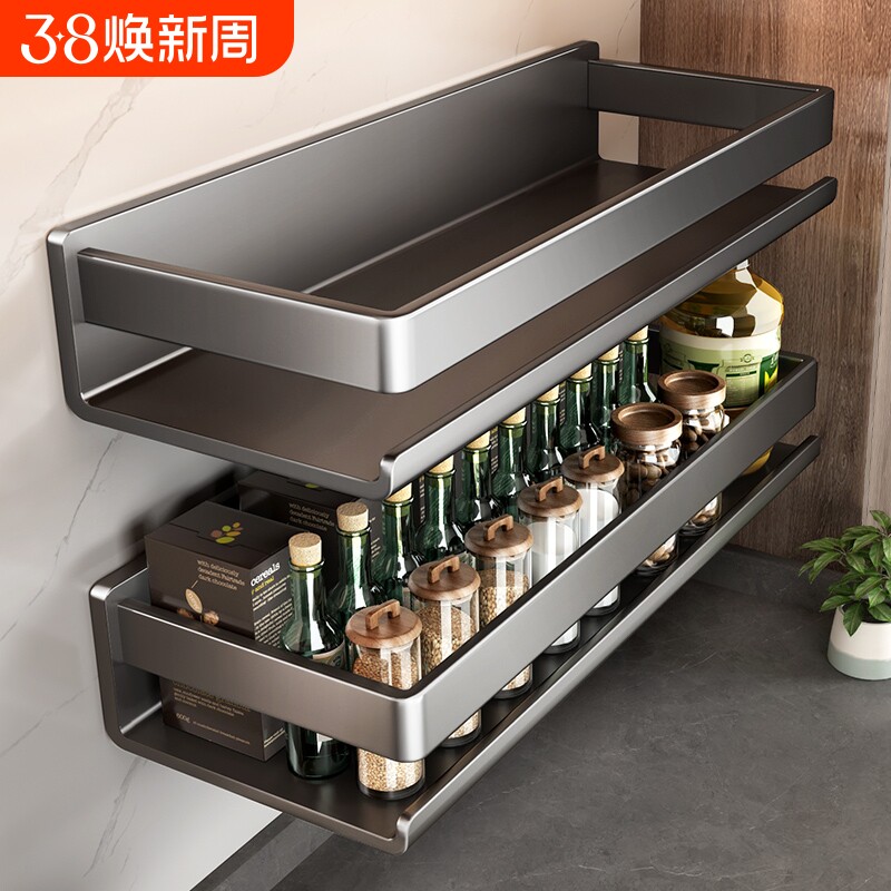 厨房调料置物架免打孔壁挂式墙上多功能不锈钢调味料收纳架子浴室