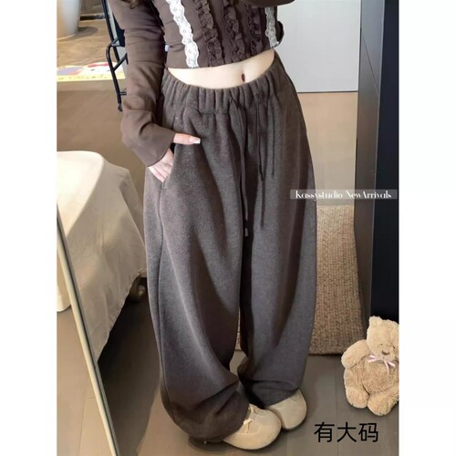 咖色加绒休闲裤女冬季裤子新款宽松阔腿裤毛呢弯刀裤白色卫裤大码