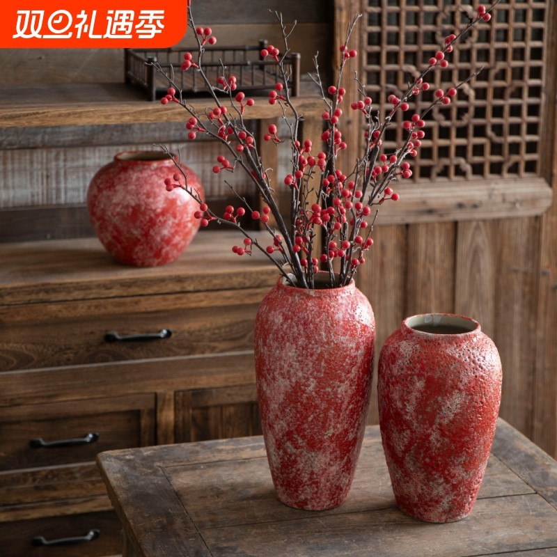 景德镇新中式台面陶瓷花瓶石榴浆果红色喜庆家居装饰品花瓶摆件