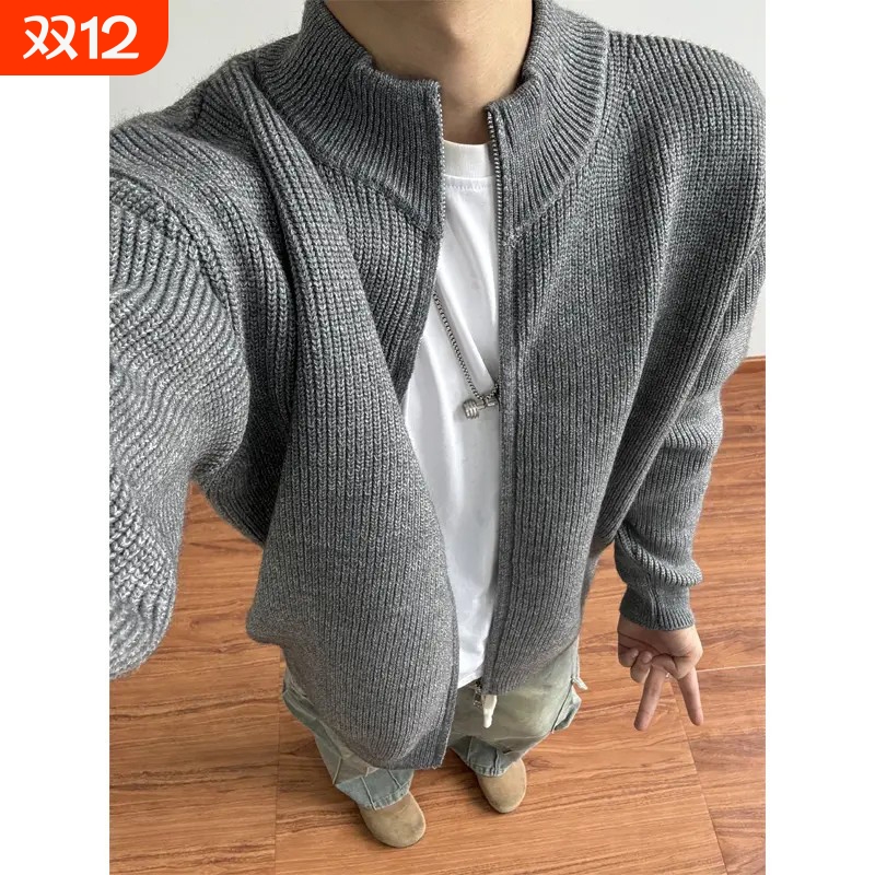 拉链立领开衫夹克毛衣男款秋冬季纯色内搭慵懒风修身打底衫外套男