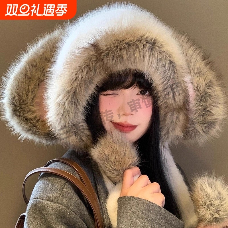 儿童帽子秋冬款可爱小熊男童围脖口罩毛绒保暖女宝护耳帽白色黑色