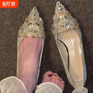 秀禾主婚纱高跟鞋 2024年新款 女低跟孕妇水晶鞋 新娘鞋 金色婚鞋 法式