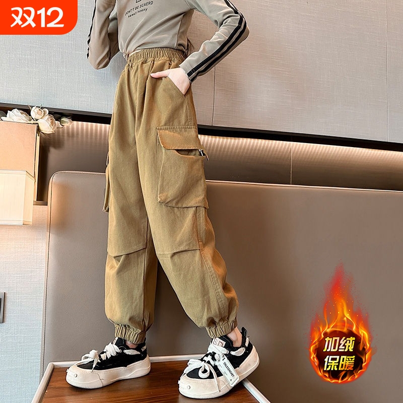 女童工装裤秋季2025新款女大童春秋休闲儿童长裤子红色加绒黑色