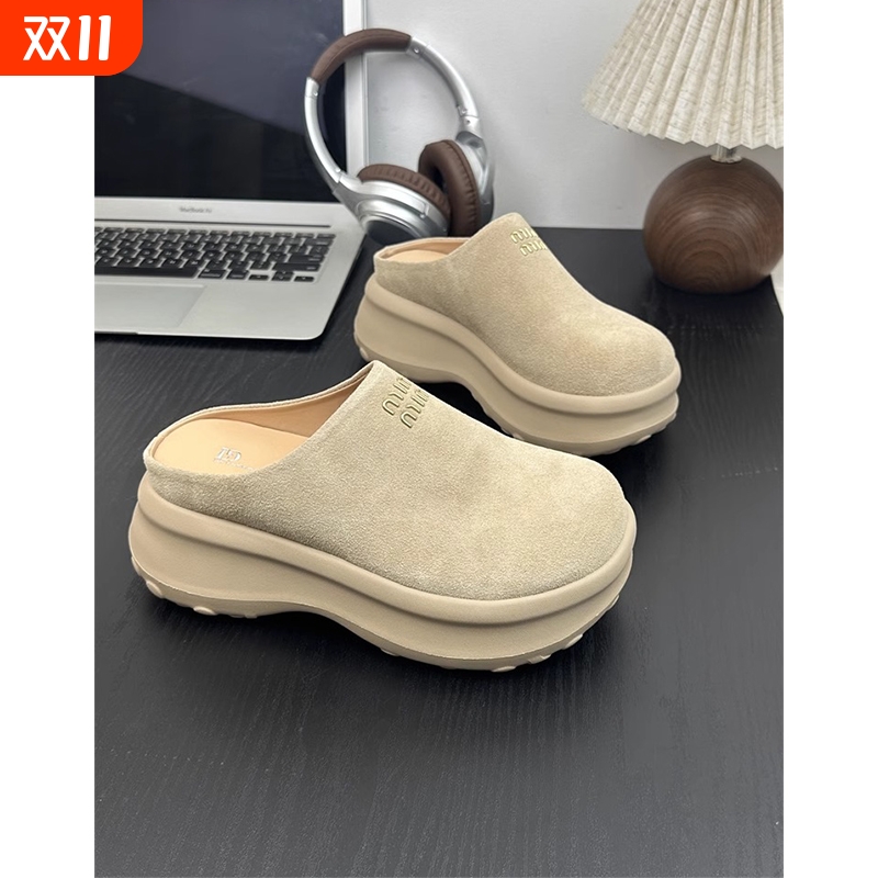 真皮小个子6cm厚底增高轻便包头半拖鞋女2025新款潮一脚蹬懒人拖