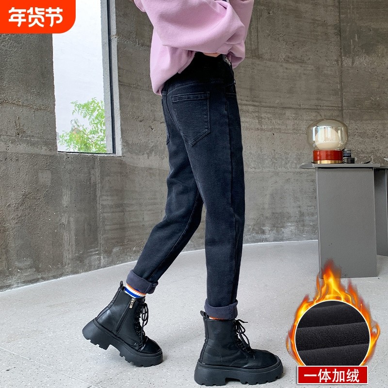 女童裤子加绒加厚秋冬季新款儿童洋气一体绒修身牛仔裤童装潮外穿