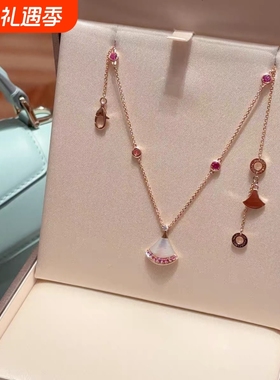 2025新款七夕限定18k玫瑰金粉蓝宝白贝母钻石扇形项链裙子锁骨链