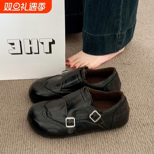 平底加绒勃肯鞋女2025新款冬季女鞋子巴洛克复古小皮鞋保暖二棉鞋