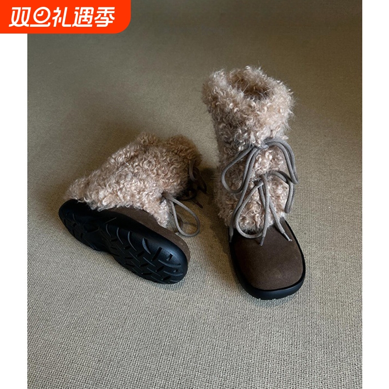 冬日！ins时髦雪地靴女冬季加绒加厚系带短靴保暖毛毛靴毛绒棕色