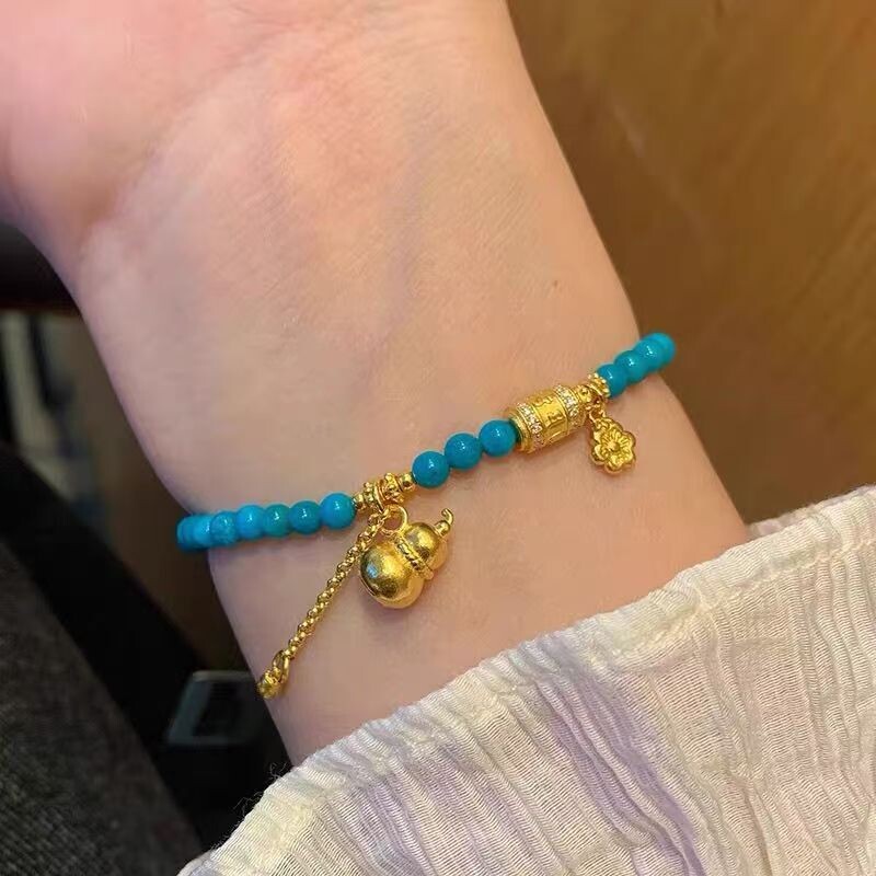 天然原矿高磁绿松石色饰品圆珠金葫芦国风手串原创女手链手串