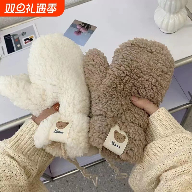 2025新款毛绒手套冬季电动车女加厚保暖可爱学生骑车防寒半指手套