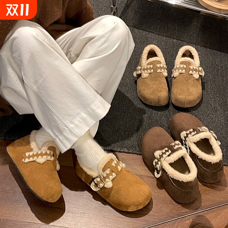 南在南方棕色厚底加绒棉鞋女款2025新款冬季保暖勃肯毛毛鞋子单鞋