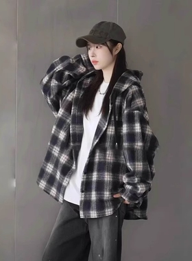 vintage黑色格子开衫衬衫男夏季美式情侣防晒衬衣慵懒风连帽外套