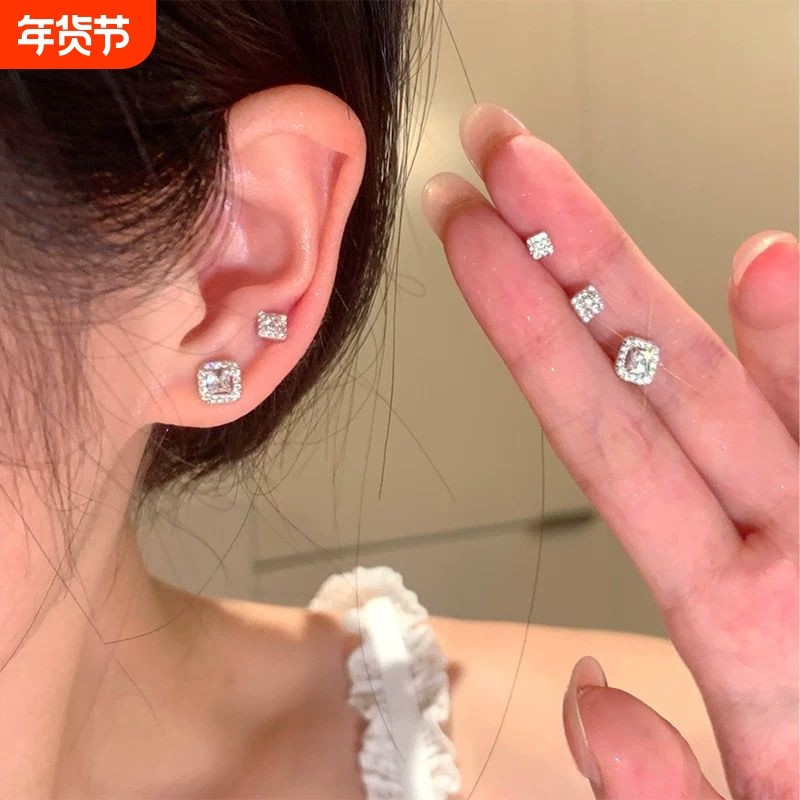 镀925银耳钉耳环方糖养耳洞女轻奢高级感耳饰女睡觉免摘方形银针