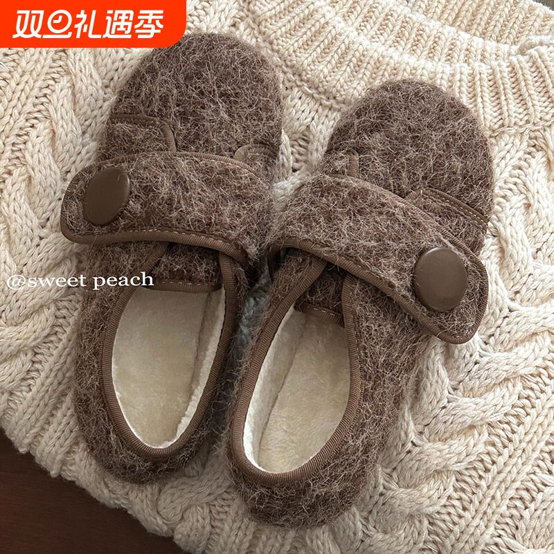 平底小众魔术贴加绒毛毛鞋女2025新款秋冬懒人外穿豆豆二棉鞋单鞋