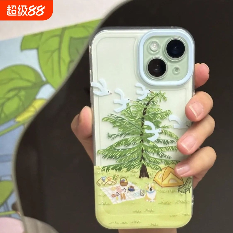 小清新iPhone14手机壳15promax绿色露营地华为Nova12活力OPPOa3pro荣耀ins风透明软13适用创意苹果16plus小众