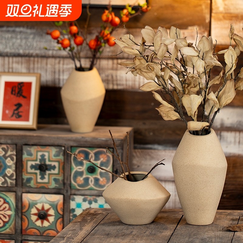 景德镇复古素胚陶瓷花瓶新中式风格家居客厅装饰摆件干花粗陶花器