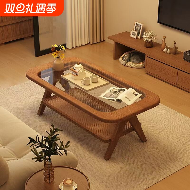 实木茶几客厅家用2025新款高级感桌子玻璃日式双层茶桌简易藤编