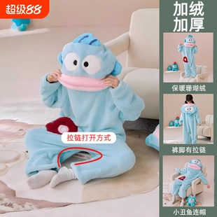 丑鱼连体睡衣珊瑚绒女款2026冬季男加厚儿童睡袍家居服怪兽鲨鱼
