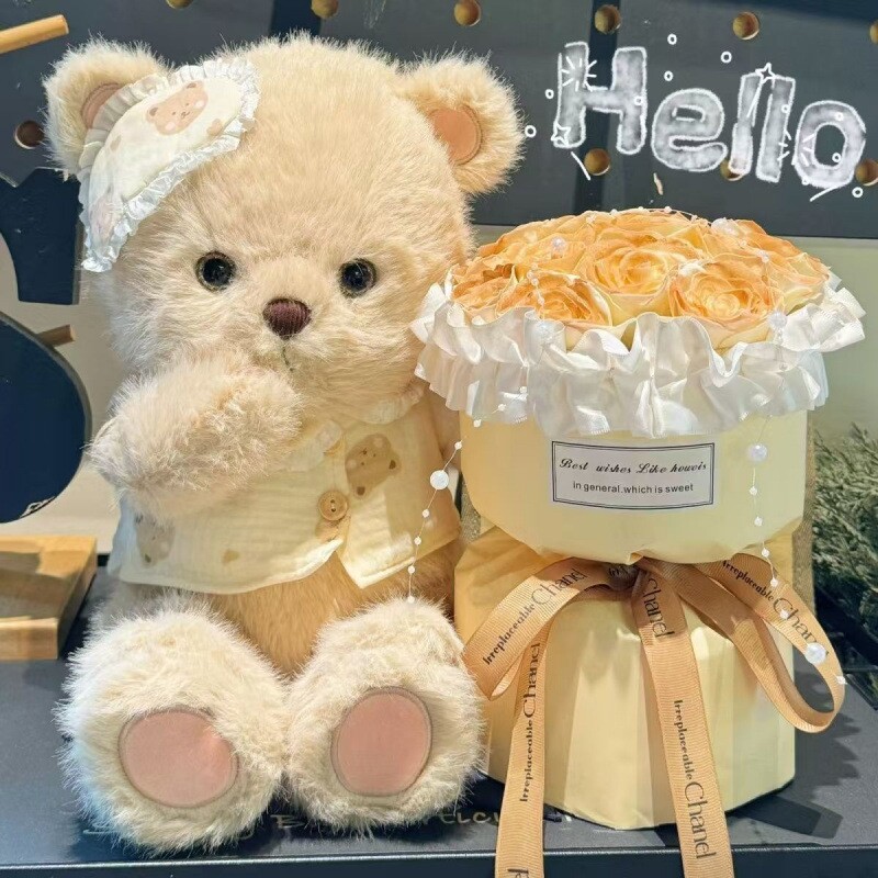 情人节晚安小熊抱抱玩偶永生花束图片
