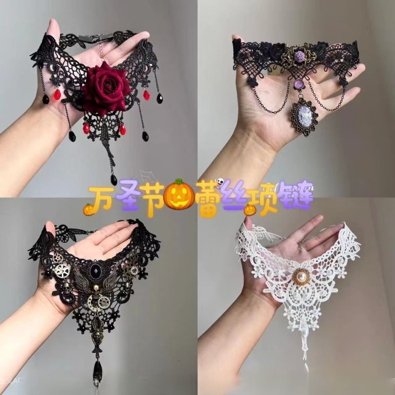 万圣节暗黑风黑色蕾丝花朵项链哥特亚文化复古小众choker锁骨链