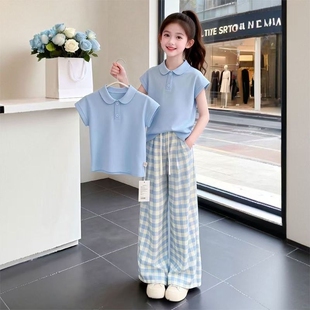 女童套装夏季2026新款儿童短袖T恤大童夏装休闲POLO衫两件套蓝色