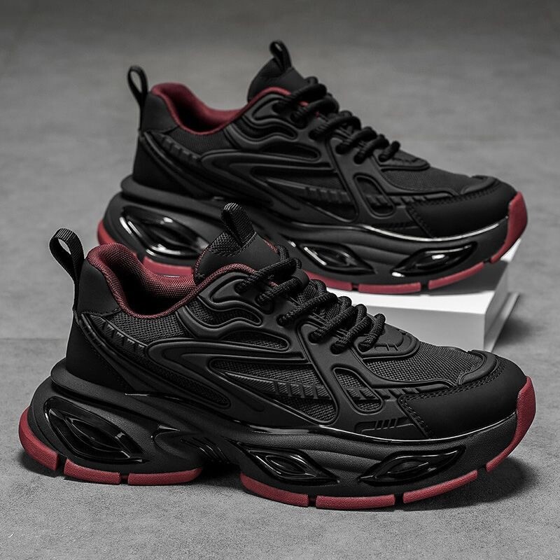 男鞋2026新款春季气垫减震运动鞋厚底增高纯黑色休闲潮鞋防滑耐磨