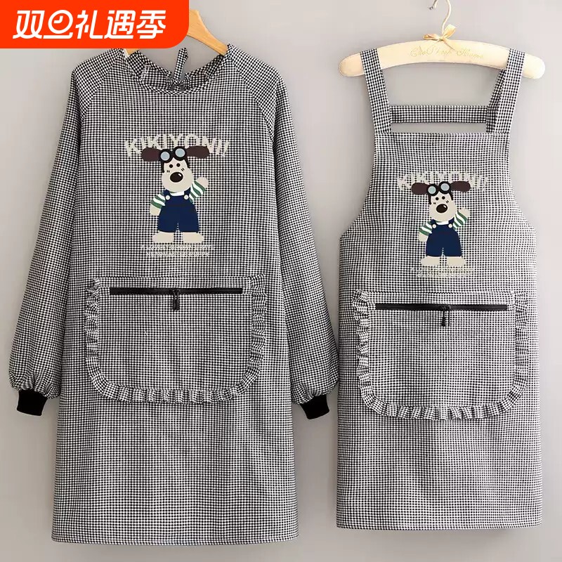 棉布围裙新款厨房家用透气长袖罩衣女防污耐磨做饭工作服围裙简约