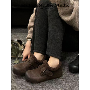 复古百搭毛毛棉鞋 新款 加绒保暖雪地靴 女冬季 4CM内增高真皮勃肯鞋