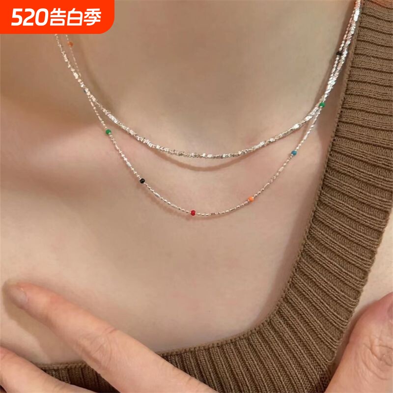 花雾意境彩色小豆子串珠项链双层叠戴碎银可调节仙女锁骨链可爱