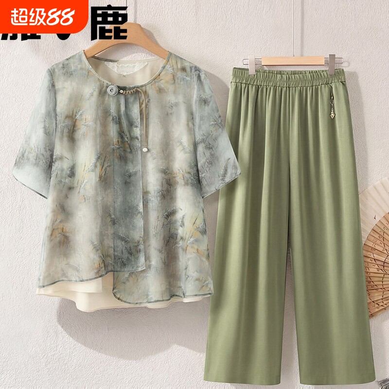 雅鹿妈妈夏装2026新款小衫中老年人女装短袖奶奶夏季衣服雪纺T恤