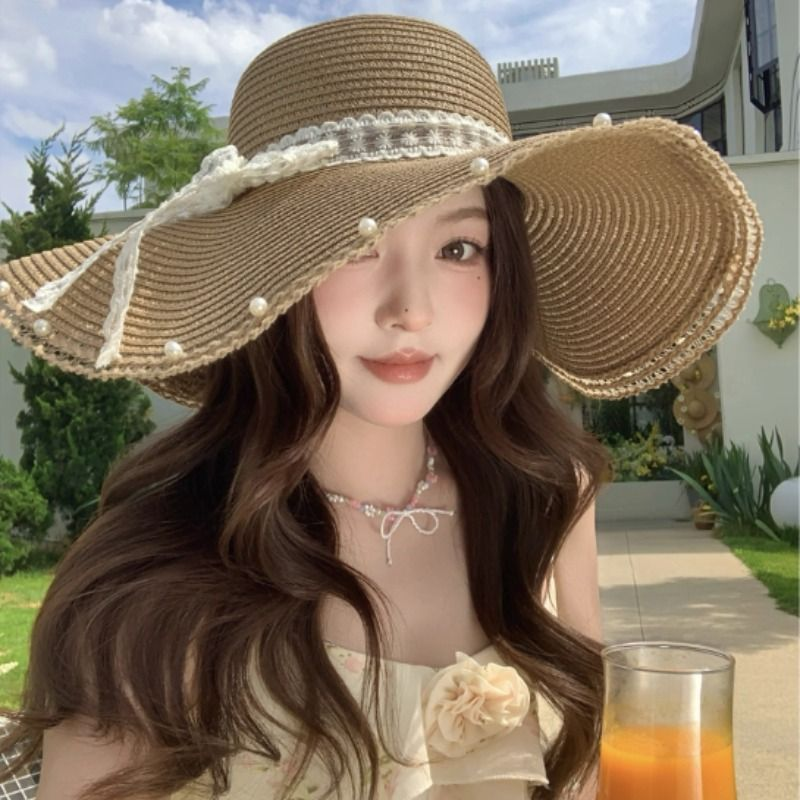 法式蕾丝蝴蝶结草帽女夏季度假风大帽檐遮阳防晒帽海边沙滩太阳帽