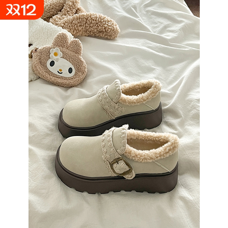 米色松糕厚底增高勃肯鞋女2025新款秋冬季加绒保暖毛毛棉鞋单鞋子