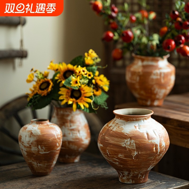 景德镇禅意陶瓷花瓶粗陶瓶插鲜花复古怀旧手工民宿酒店侘寂风摆件