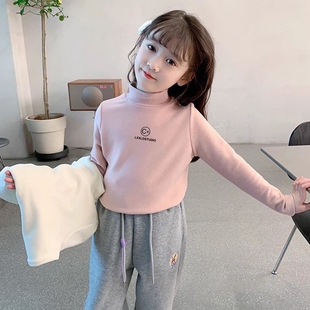 女童T恤2025新款女宝宝半高领长袖中大童秋冬双面德绒保暖打底衫