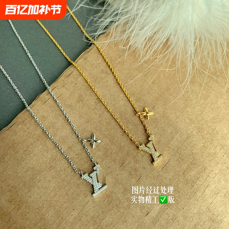 镶锆石简约百搭L字母满钻项链驴家镀18K金高版本男女同款金色白金