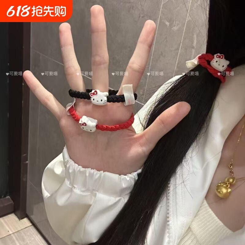 皮筋可爱红色Kitty猫编织发圈女高级感扎马尾高弹力发饰头绳秋冬