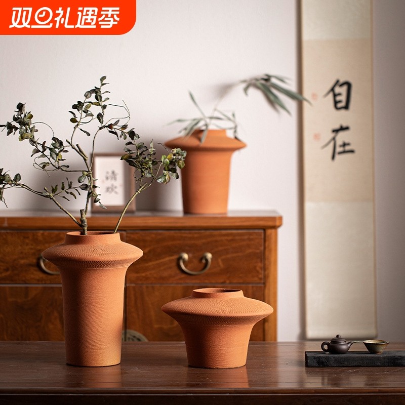 景德镇侘寂风陶瓷花瓶赤色哑光陶器装饰品玄关台面民宿插干花摆件