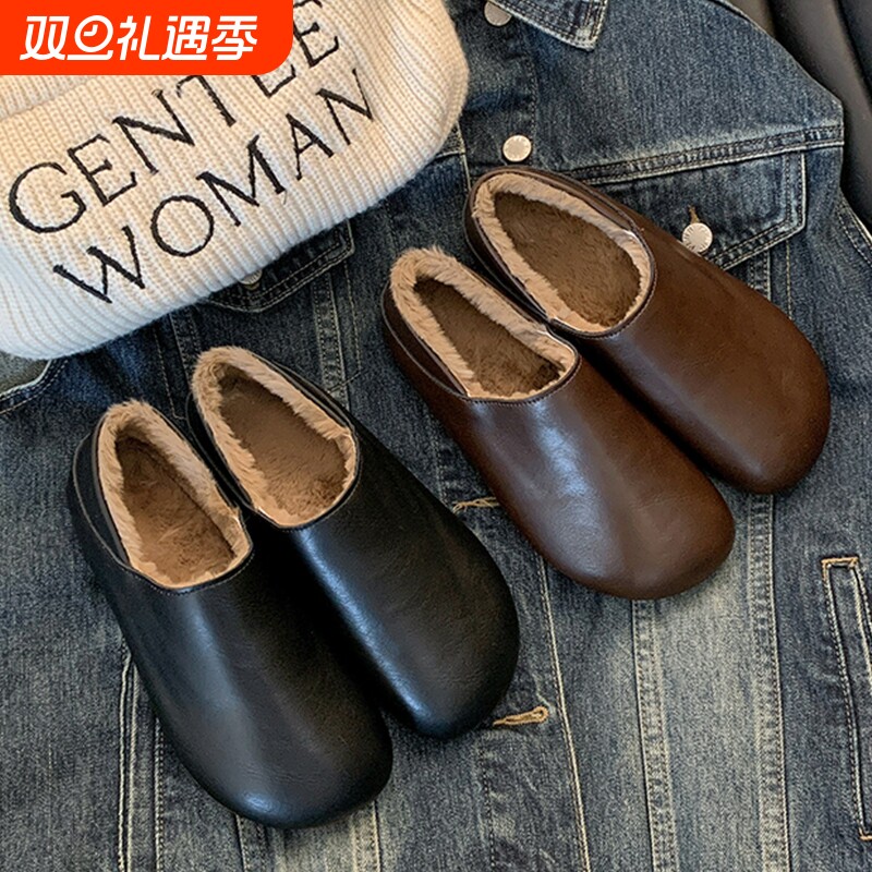 皮面防水加绒豆豆鞋女冬季2025新款一脚蹬保暖毛毛鞋软底孕妇棉鞋