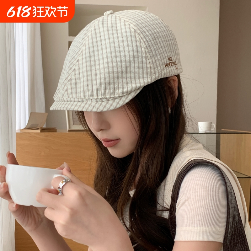 日系格纹刺绣前进帽子女2025新款春夏季网红报童帽贝雷帽鸭舌帽潮