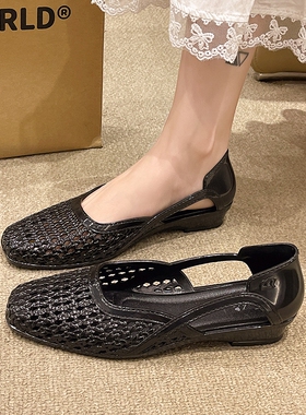 网面时尚凉鞋外穿夏季新款坡跟中老年包头女士镂空黑色网纱舒适